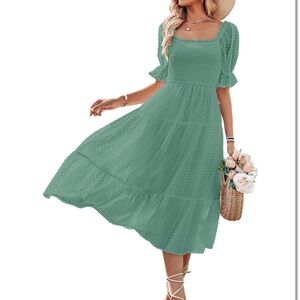 🤍Women's Summer Square Neck Puff Sleeve Boho Midi Dress 🤍Large=(US 12-14)